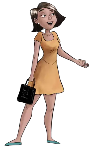 Eine junge Frau in einem orangfarbenen Kleid mit einer schwarzen Handtasche